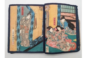真作　浮世絵　歌川国芳・国貞・貞秀など　大蛇・妖狐・小李廣花栄・浪裡白跳張順・鬼若丸の鯉退治　3枚続を含む木版画帳　(R-090237)