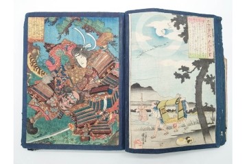 真作　浮世絵　歌川国芳・国貞・貞秀など　大蛇・妖狐・小李廣花栄・浪裡白跳張順・鬼若丸の鯉退治　3枚続を含む木版画帳　(R-090237)