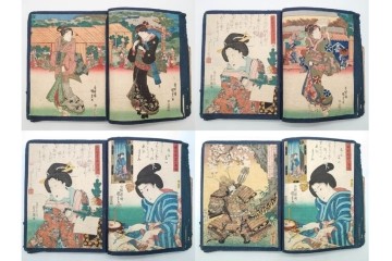 真作　浮世絵　歌川国芳・国貞・貞秀など　大蛇・妖狐・小李廣花栄・浪裡白跳張順・鬼若丸の鯉退治　3枚続を含む木版画帳　(R-090237)