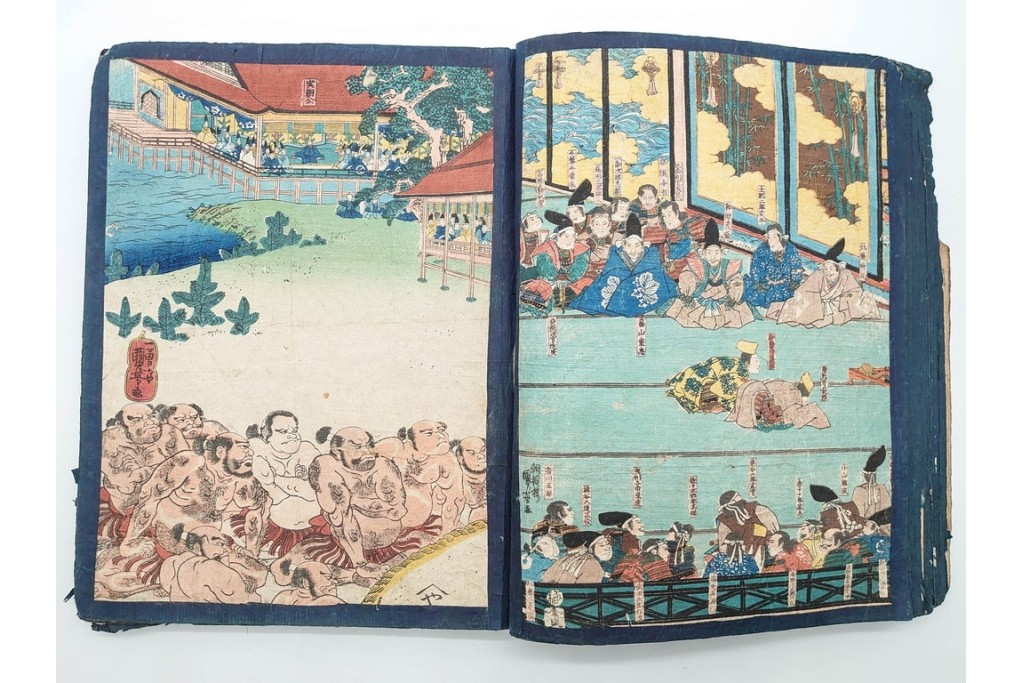 真作　浮世絵　歌川国芳・国貞・貞秀など　大蛇・妖狐・小李廣花栄・浪裡白跳張順・鬼若丸の鯉退治　3枚続を含む木版画帳　(R-090237)