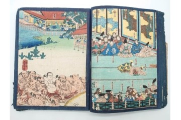 真作　浮世絵　歌川国芳・国貞・貞秀など　大蛇・妖狐・小李廣花栄・浪裡白跳張順・鬼若丸の鯉退治　3枚続を含む木版画帳　(R-090237)