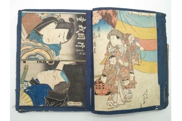 真作　浮世絵　歌川国芳・国貞・貞秀など　大蛇・妖狐・小李廣花栄・浪裡白跳張順・鬼若丸の鯉退治　3枚続を含む木版画帳　(R-090237)
