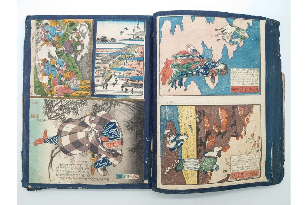 真作　浮世絵　歌川国芳・国貞・貞秀など　大蛇・妖狐・小李廣花栄・浪裡白跳張順・鬼若丸の鯉退治　3枚続を含む木版画帳　(R-090237)