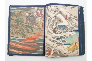 真作　浮世絵　歌川国芳・国貞・貞秀など　大蛇・妖狐・小李廣花栄・浪裡白跳張順・鬼若丸の鯉退治　3枚続を含む木版画帳　(R-090237)