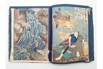 真作　浮世絵　歌川国芳・国貞・貞秀など　大蛇・妖狐・小李廣花栄・浪裡白跳張順・鬼若丸の鯉退治　3枚続を含む木版画帳　(R-090237)