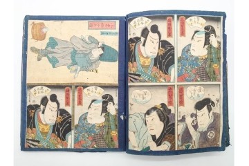真作　浮世絵　歌川国芳・国貞・貞秀など　大蛇・妖狐・小李廣花栄・浪裡白跳張順・鬼若丸の鯉退治　3枚続を含む木版画帳　(R-090237)