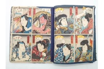 真作　浮世絵　歌川国芳・国貞・貞秀など　大蛇・妖狐・小李廣花栄・浪裡白跳張順・鬼若丸の鯉退治　3枚続を含む木版画帳　(R-090237)