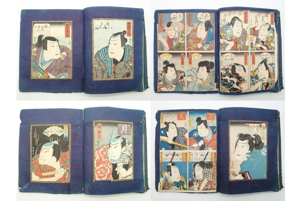 真作　浮世絵　歌川国芳・国貞・貞秀など　大蛇・妖狐・小李廣花栄・浪裡白跳張順・鬼若丸の鯉退治　3枚続を含む木版画帳　(R-090237)