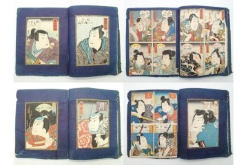 真作　浮世絵　歌川国芳・国貞・貞秀など　大蛇・妖狐・小李廣花栄・浪裡白跳張順・鬼若丸の鯉退治　3枚続を含む木版画帳　(R-090237)