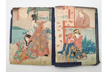 真作　浮世絵　歌川国芳・国貞・貞秀など　大蛇・妖狐・小李廣花栄・浪裡白跳張順・鬼若丸の鯉退治　3枚続を含む木版画帳　(R-090237)