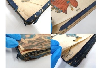 真作　浮世絵　歌川国芳・国貞・貞秀など　大蛇・妖狐・小李廣花栄・浪裡白跳張順・鬼若丸の鯉退治　3枚続を含む木版画帳　(R-090237)