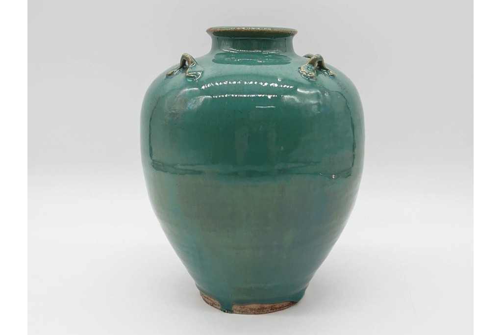 中国・唐物　古玩　高さ約21cm　上品な緑釉四耳壺　(R-090244)