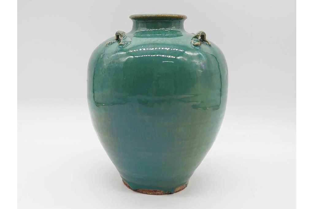 中国・唐物　古玩　高さ約21cm　上品な緑釉四耳壺　(R-090244)