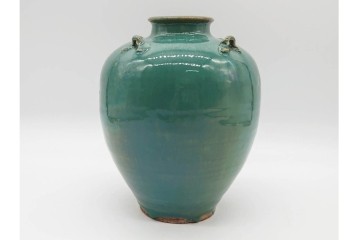 中国・唐物　古玩　高さ約21cm　上品な緑釉四耳壺　(R-090244)