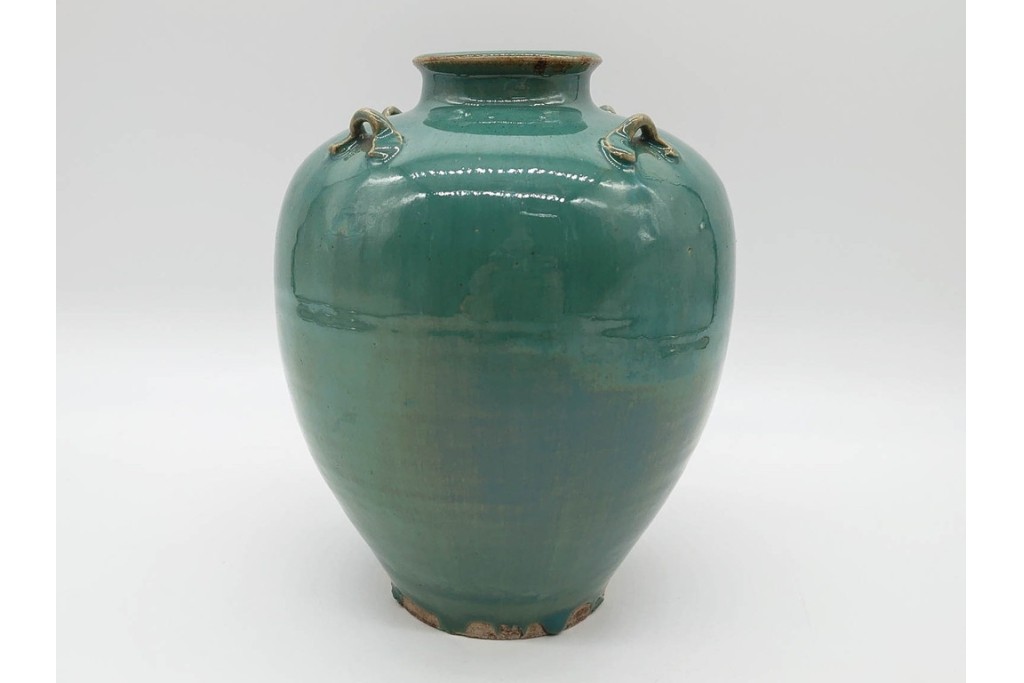 中国・唐物　古玩　高さ約21cm　上品な緑釉四耳壺　(R-090244)