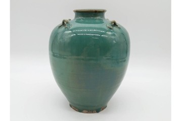 中国・唐物　古玩　高さ約21cm　上品な緑釉四耳壺　(R-090244)