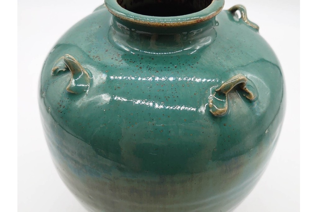 中国・唐物　古玩　高さ約21cm　上品な緑釉四耳壺　(R-090244)