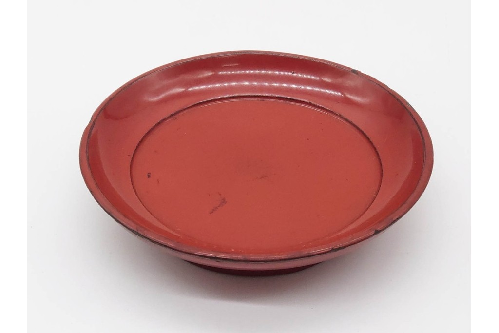 時代物　在銘　木製　漆器　朱塗が美しい椿皿4枚セット　(R-090248)