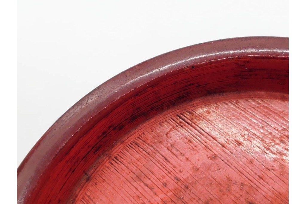 時代物　在銘　木製　漆器　朱塗が美しい椿皿4枚セット　(R-090248)