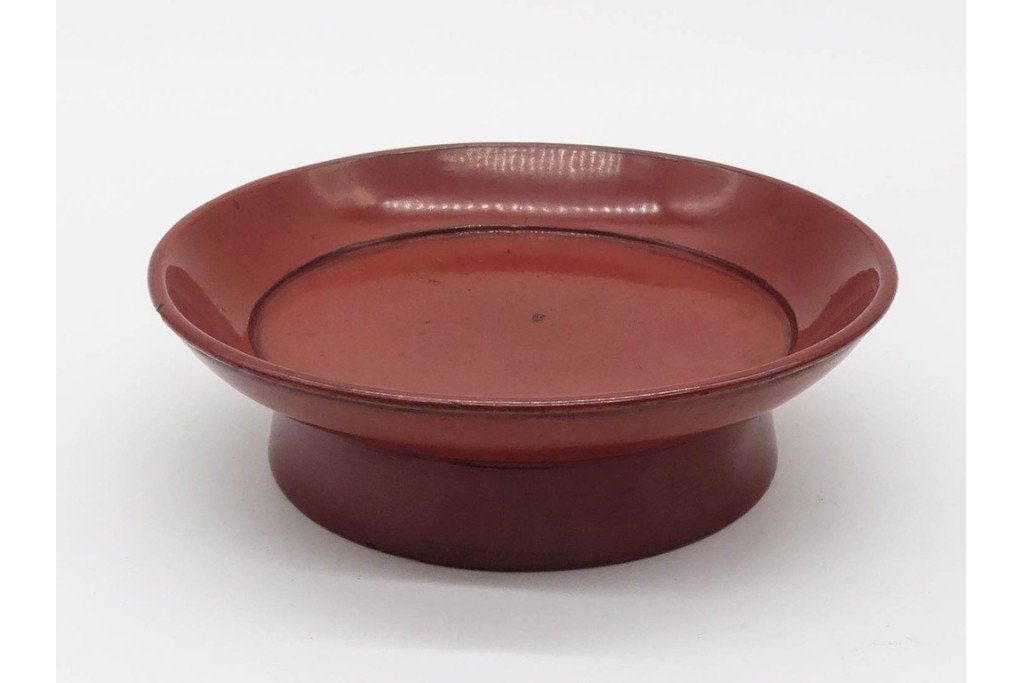 時代物　在銘　木製　漆器　朱塗が美しい椿皿4枚セット　(R-090248)