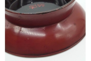時代物　在銘　木製　漆器　朱塗が美しい椿皿4枚セット　(R-090248)