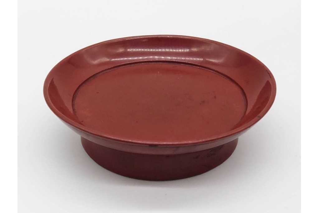 時代物　在銘　木製　漆器　朱塗が美しい椿皿4枚セット　(R-090248)