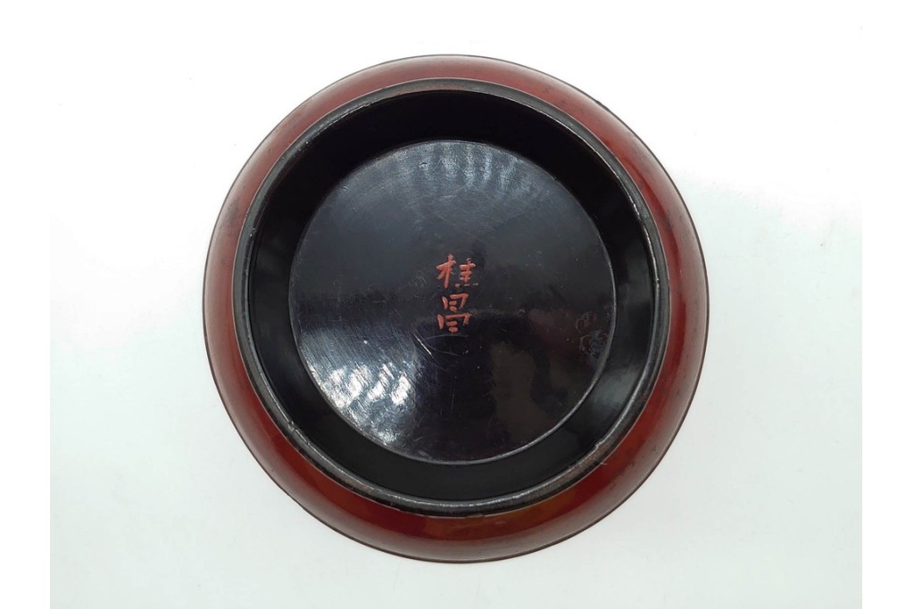時代物　在銘　木製　漆器　朱塗が美しい椿皿4枚セット　(R-090248)