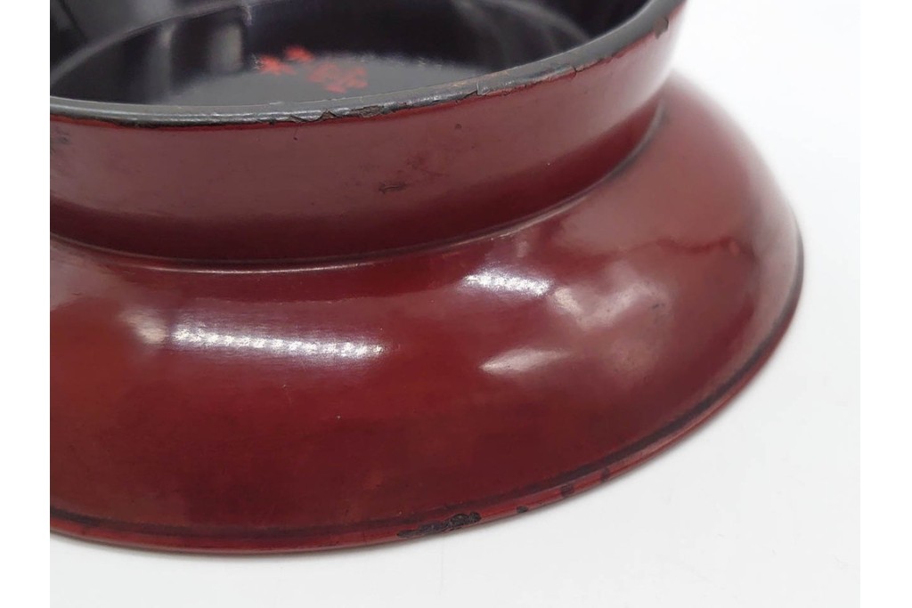 時代物　在銘　木製　漆器　朱塗が美しい椿皿4枚セット　(R-090248)