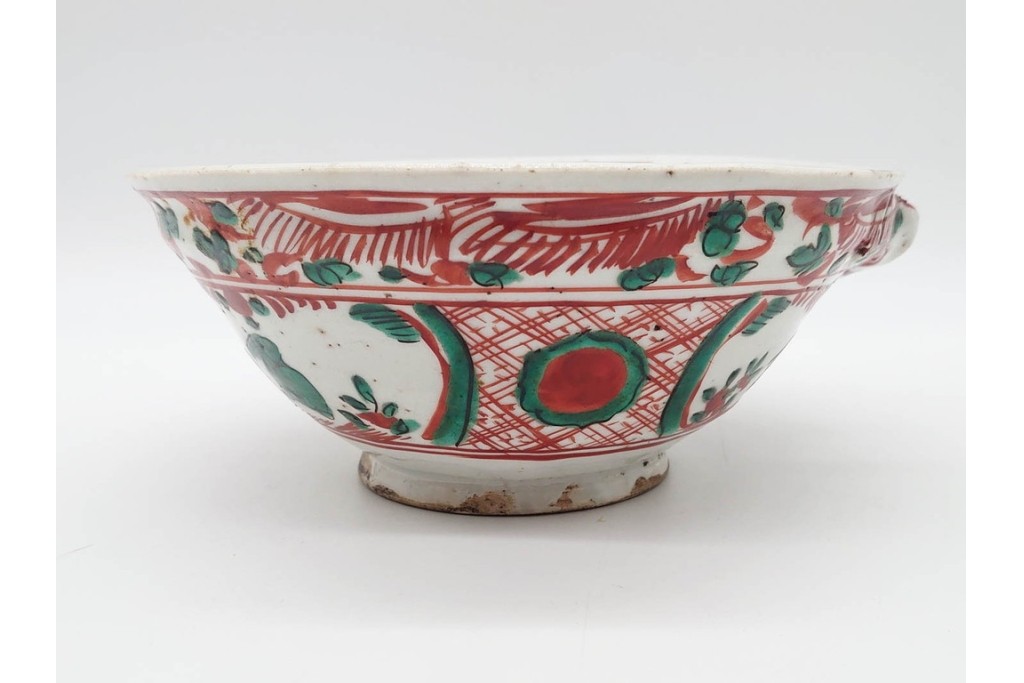 奥田頴川　京焼　赤絵　兎文が目を引く片口形菓子鉢　外箱付き　(R-090252)