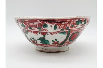 奥田頴川　京焼　赤絵　兎文が目を引く片口形菓子鉢　外箱付き　(R-090252)