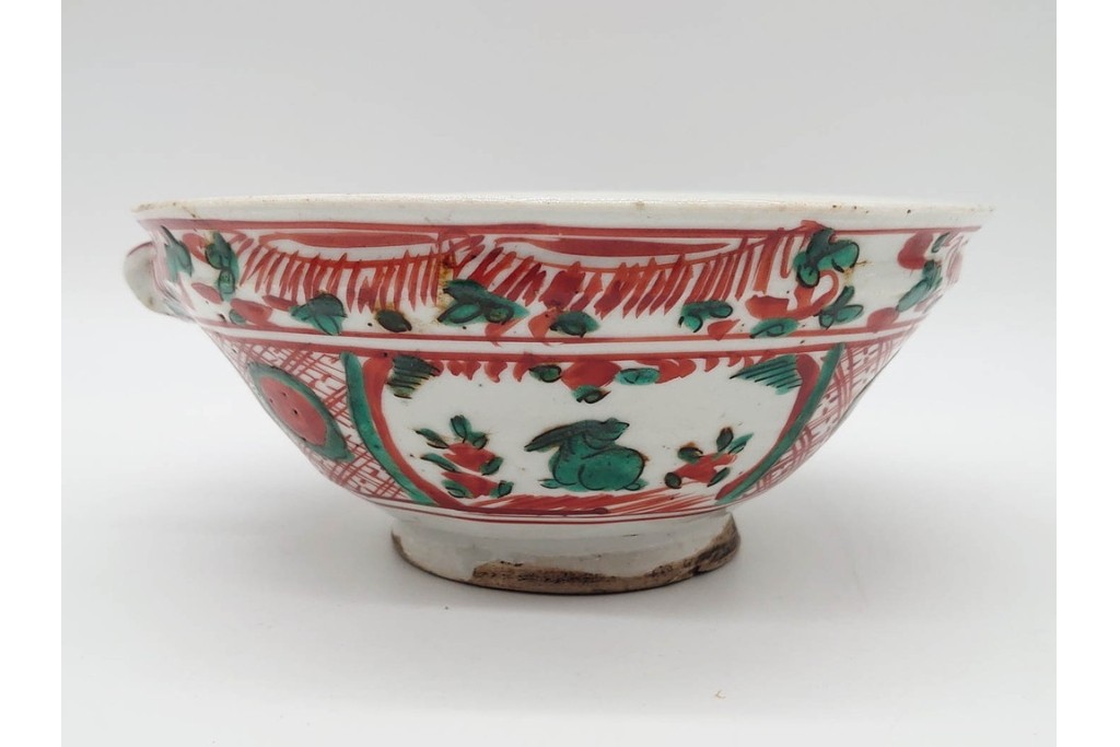 奥田頴川　京焼　赤絵　兎文が目を引く片口形菓子鉢　外箱付き　(R-090252)