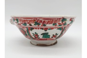 奥田頴川　京焼　赤絵　兎文が目を引く片口形菓子鉢　外箱付き　(R-090252)