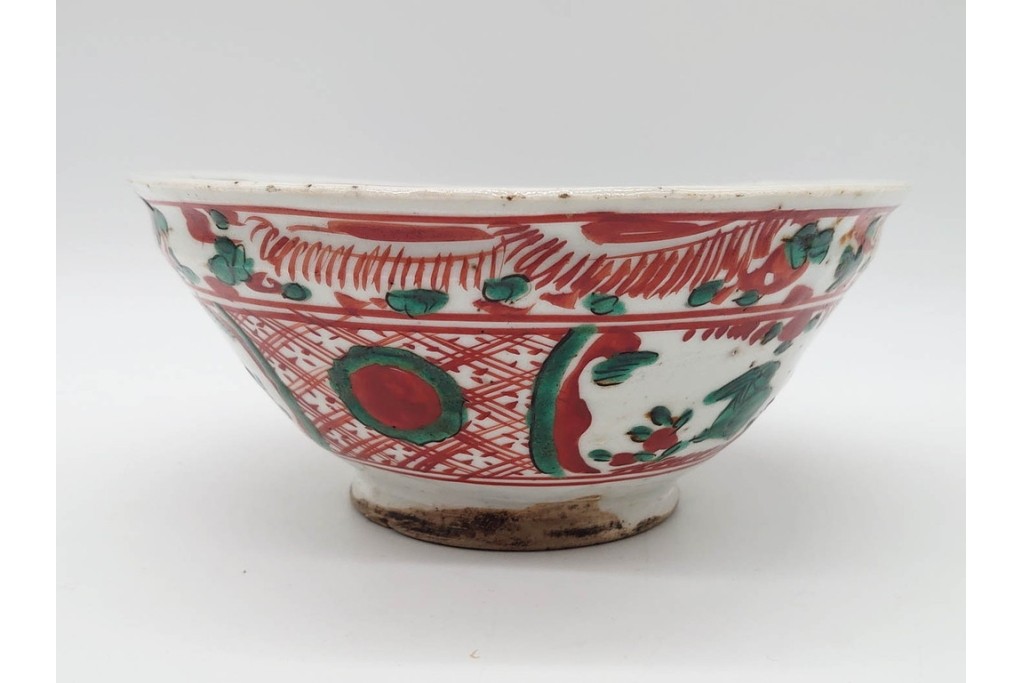 奥田頴川　京焼　赤絵　兎文が目を引く片口形菓子鉢　外箱付き　(R-090252)
