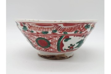 奥田頴川　京焼　赤絵　兎文が目を引く片口形菓子鉢　外箱付き　(R-090252)