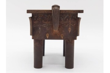 李朝末期　鉄製　方鼎型　繊細な象嵌と獣耳が目を引く香炉　(R-090253)