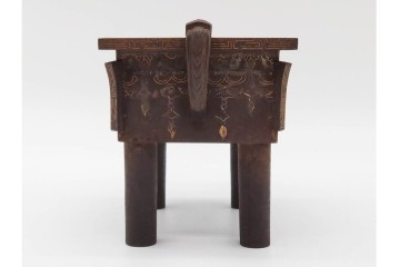 李朝末期　鉄製　方鼎型　繊細な象嵌と獣耳が目を引く香炉　(R-090253)