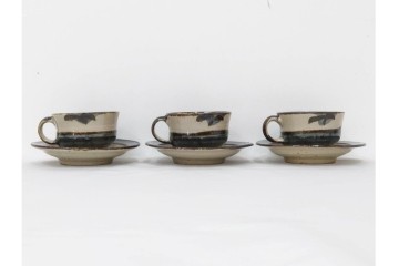 人間国宝 濱田庄司(浜田庄司)　益子焼　染付　落ち着いた佇まいの紅茶碗6客セット　共箱付き　(R-090254)