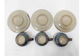 人間国宝 濱田庄司(浜田庄司)　益子焼　染付　落ち着いた佇まいの紅茶碗6客セット　共箱付き　(R-090254)