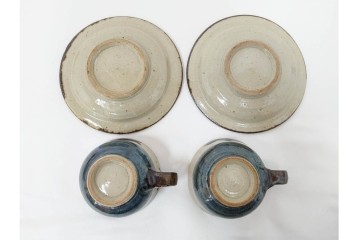 人間国宝 濱田庄司(浜田庄司)　益子焼　染付　落ち着いた佇まいの紅茶碗6客セット　共箱付き　(R-090254)
