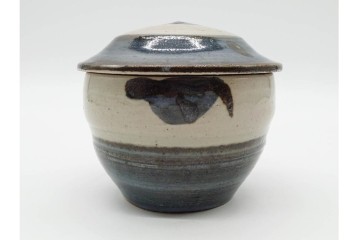 人間国宝 濱田庄司(浜田庄司)　染付　紅茶具　素朴な風合いが魅力のポット&シュガーポットセット　共箱付き　(R-090255)