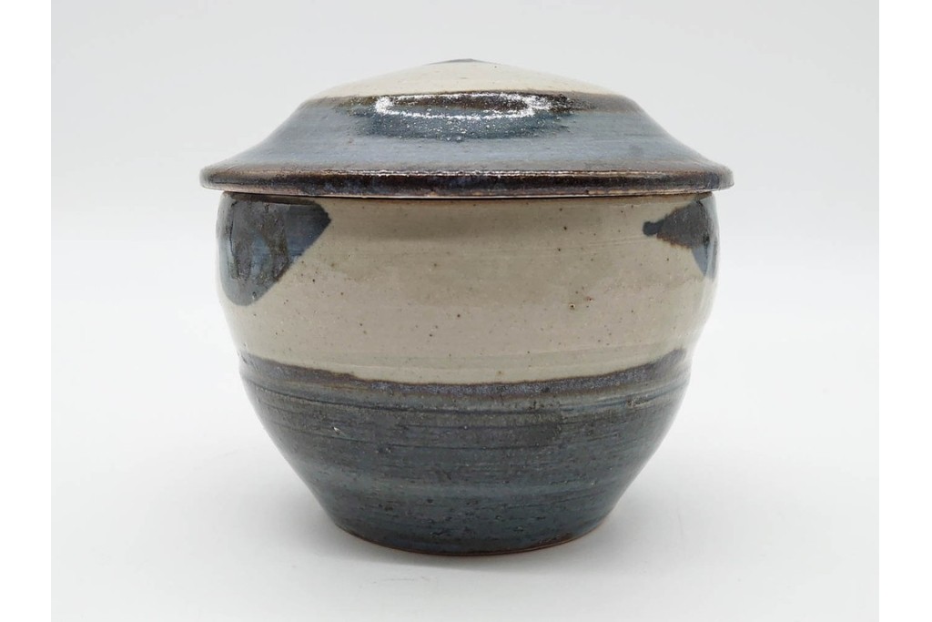 人間国宝 濱田庄司(浜田庄司)　染付　紅茶具　素朴な風合いが魅力のポット&シュガーポットセット　共箱付き　(R-090255)