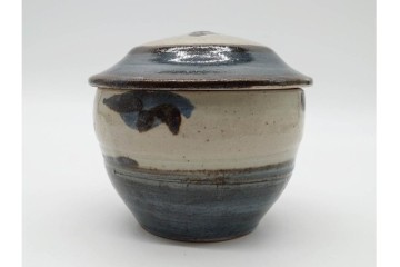 人間国宝 濱田庄司(浜田庄司)　染付　紅茶具　素朴な風合いが魅力のポット&シュガーポットセット　共箱付き　(R-090255)