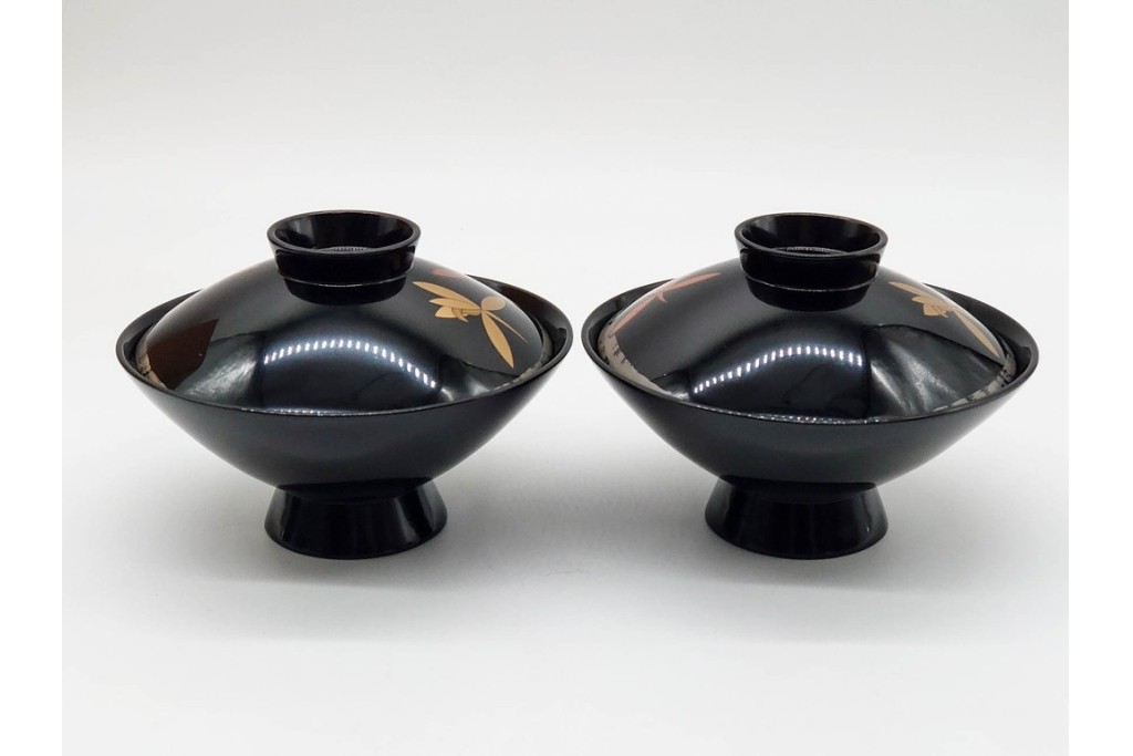 輪島塗　蒔絵　上品な蘭文のお椀5点セット　外箱付き　(R-090258)