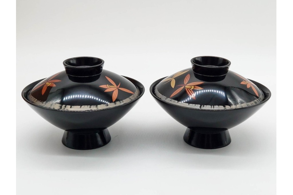 輪島塗　蒔絵　上品な蘭文のお椀5点セット　外箱付き　(R-090258)