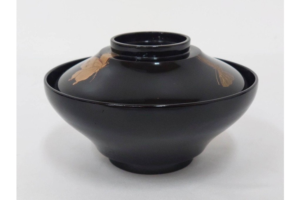 大正期　木製　漆器　艶やかな黒漆塗に菊蝶蒔絵を施した吸物椀10点セット　外箱付き　(R-090259)