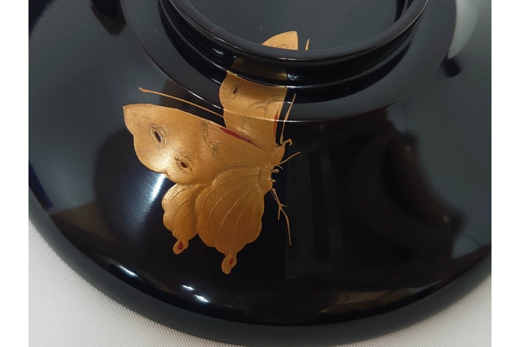 大正期　木製　漆器　艶やかな黒漆塗に菊蝶蒔絵を施した吸物椀10点セット　外箱付き　(R-090259)