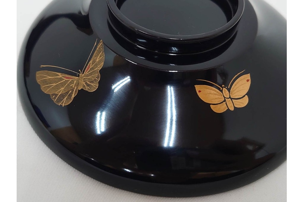 大正期　木製　漆器　艶やかな黒漆塗に菊蝶蒔絵を施した吸物椀10点セット　外箱付き　(R-090259)