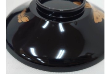 大正期　木製　漆器　艶やかな黒漆塗に菊蝶蒔絵を施した吸物椀10点セット　外箱付き　(R-090259)