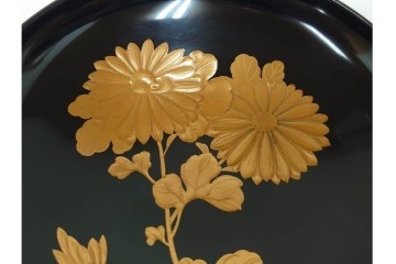 大正期　木製　漆器　艶やかな黒漆塗に菊蝶蒔絵を施した吸物椀10点セット　外箱付き　(R-090259)