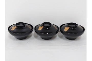 大正期　木製　漆器　艶やかな黒漆塗に菊蝶蒔絵を施した吸物椀10点セット　外箱付き　(R-090259)